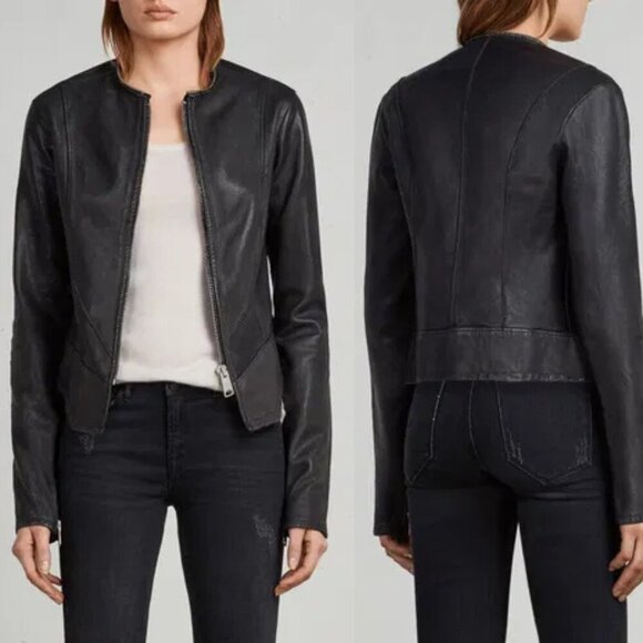 AllSaints Calle Black Leather Full Zip Blazer Jacket 4515 - Picture 1 of 11